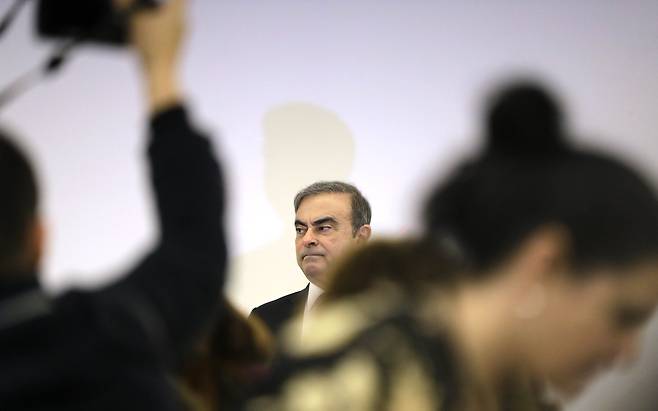 8일(현지시간) 카를로스 곤 전 닛산 사장이 레바논 베이루트에서 열린 탈출 후 첫 기자회견에 참석하고 있다. [AFP=연합뉴스]