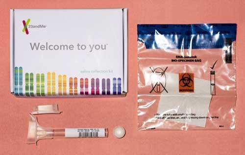 99달러짜리 유전자검사 키트 23앤드미 제품의 사진. 판매회사 홈페이지에 신상정보와 제품 바코드를 등록하고, 제공된 튜브에 침을 뱉은 후(30분 전부터 음료 섭취, 양치 등 금지) 잘 포장해서 발송하면 이메일 등을 통해 결과를 받아볼 수 있다.
