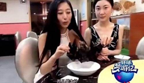 박쥐를 펼쳐 들고 있는 중국 블로거 왕멍원