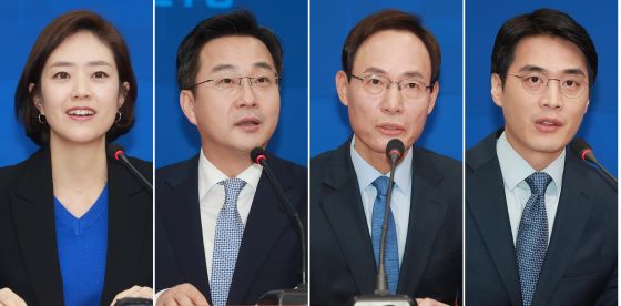 지난 2일 오후 서울 여의도 국회 더불어민주당 대표회의실에서 열린 4.15 총선 출마를 위해 입당한 전직 언론인 출신 4인에 대한 환영식과 기자회견이 열렸다. 사진 왼쪽부터 고민정 전 청와대 대변인, 박성준 전 JTBC 아나운서, 박무성 전 국제신문 대표, 한준호 전 MBC아나운서. /사진=이동훈 기자 photoguy@