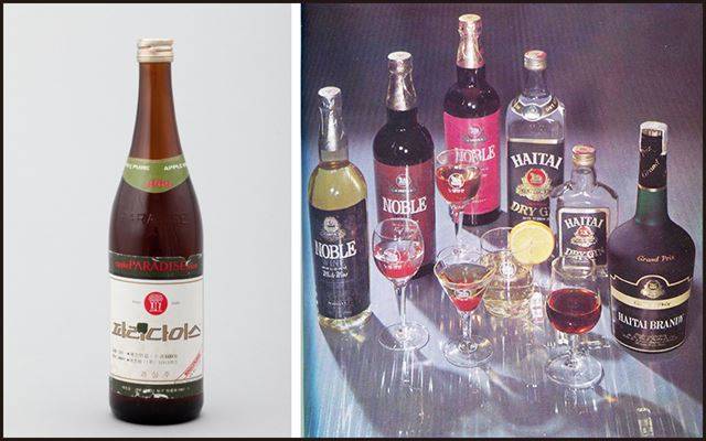 1969년 우리나라 최초로 생산된 사과와인 파라다이스(왼쪽), 1974년 포도로 만든 첫 와인인 노블와인. 출처=국립민속박물관ㆍ해태30년사