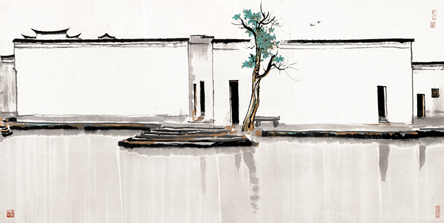 `제비 한 쌍`(1981 ), 화선지 수묵채색, 70*140㎝, 홍콩예술관 소장