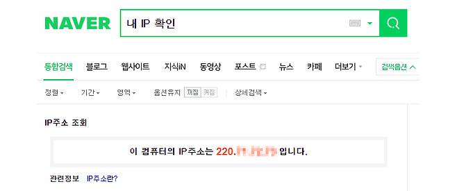 네이버 검색창에 '내 IP 확인'을 검색하면 공인 IP를 확인할 수 있다.
