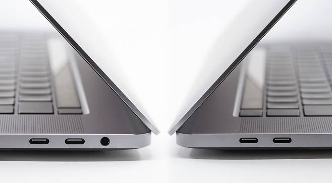 애플 맥북 프로 16형, 제품을 통틀어 썬더볼트 포트 4개와 오디오 단자가 전부다. 출처=IT동아