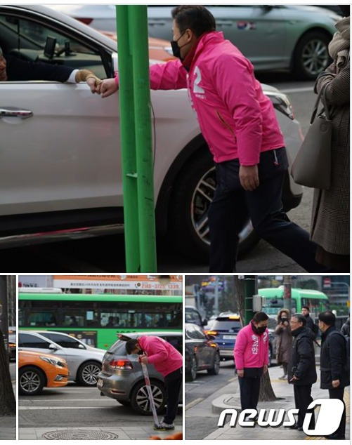 24일 아침 출근길 선거운동에 나선 황교안 미래통합당 대표의 모습. 페이스북 캡처 © 뉴스1