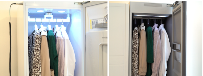 LG와 삼성 의류 건조기 모두 같은 의류를 순서대로 배치했다(왼쪽이 LG, 오른쪽이 삼성)