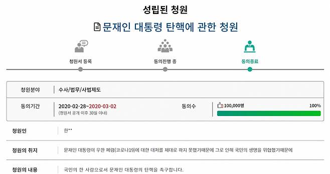 국회 홈페이지에 올라온 ‘문재인 대통령 탄핵에 관한 청원’이 10만명 국민 동의를 받았다. /사진=국회 홈페이지