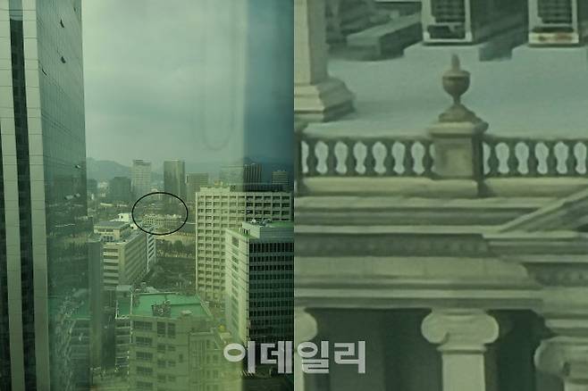 줌을 하기 전에는 형태 정도만 확인이 되는 덕수궁 석조전도 100배 줌으로 당기니  2층 난간이 훤히 보일 정도였다. 창문을 통해 찍은 사진이다. (사진= 장영은 기자)