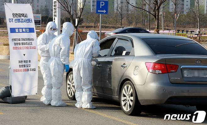 4일 오전 인천시 연수구 선학체육관 주차장에 설치된 '드라이브 스루(Drive Thru) 신종 코로나바이러스 감염증(코로나19) 선별진료소'에서 방역당국 관계자가 코로나 19 검사 준비를 하고 있다. 2020.3.4/뉴스1 © News1 정진욱 기자