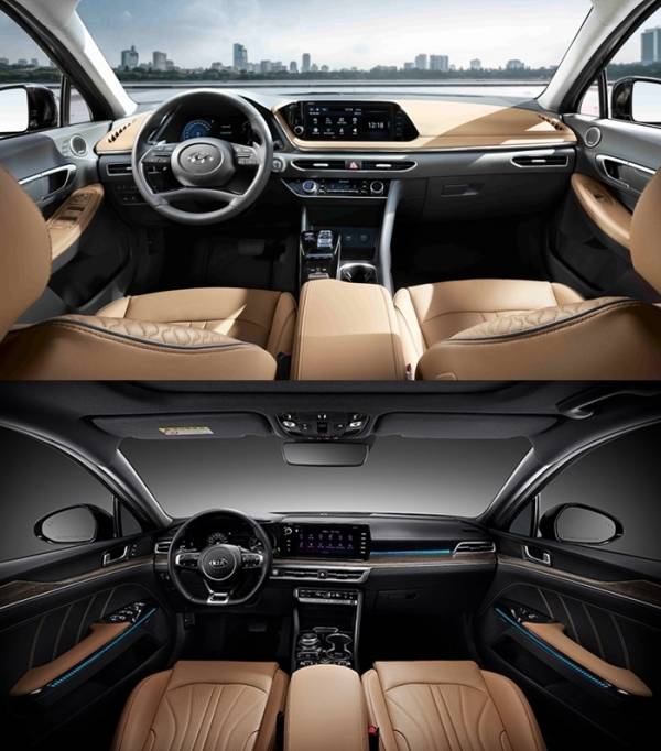 현대차 ‘신형 쏘나타‘ 인테리어 (상), 기아차 ‘신형 K5‘ 인테리어 (하)