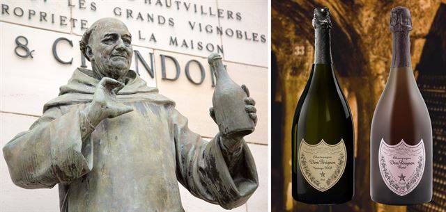 돔페리뇽(Dom Pierre Perignon) 동상(왼쪽)과 그의 이름을 붙인 샴페인 돔페리뇽 화이트와 로제. 그는 적포도로 화이트와인을 만들었고(블랑 드 누아), 수확량을 조절해 품질을 높였으며, 선선한 아침에 포도를 수확해 아로마를 보존하고, 포도밭에 압착기를 설치하여 수확 즉시 압착한 신선한 주스로 와인을 빚었다. 포도밭 별로 구분하여 와인을 담그고, 유리 용기에 와인을 보관하여 신선도를 유지하였다. 그가 만든 와인은 4배나 높은 가격을 받을 정도로 품질을 인정받았다. ⓒVictor Grigas(위키미디어 제공)ㆍ와이너리 홈페이지 캡처