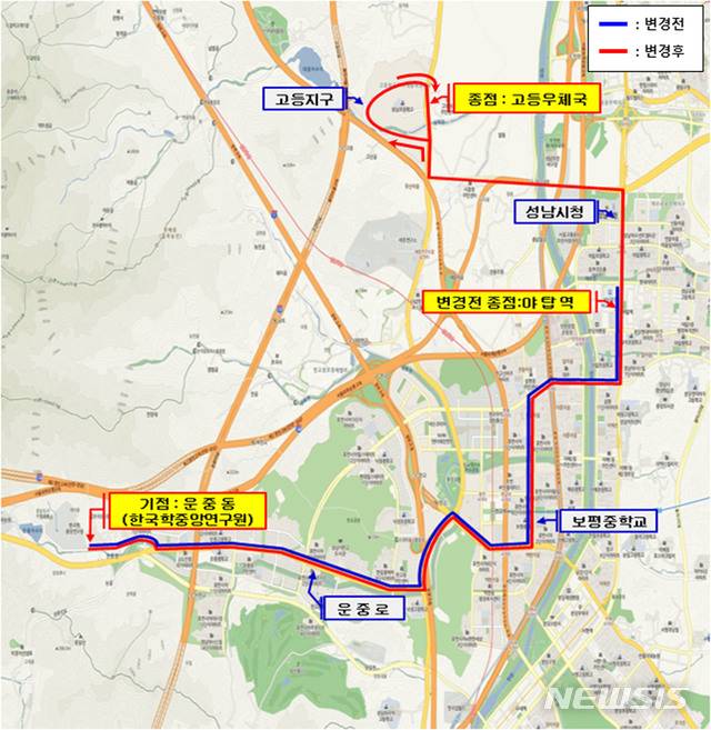 운중동~야탑역~고등지구를 운행하는 341번 노선.