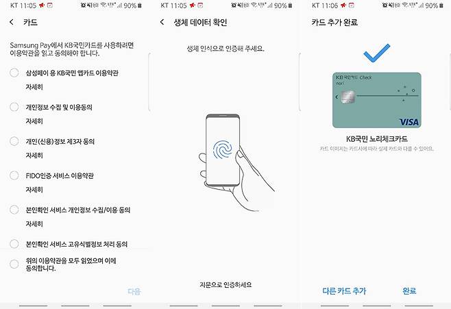 카드 등록 과정은 약관 동의, 본인 인증, 생체 데이터 확인을 거친다.