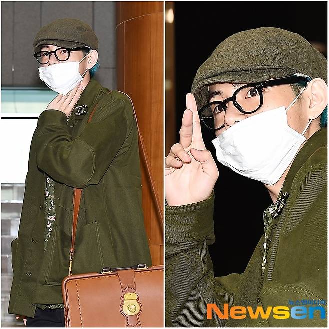 2019년 3월 19일 김포공항 출국, 빵모자와 재킷의 색상을 통일시켰다. 레트로 느낌을 강조한 패션.