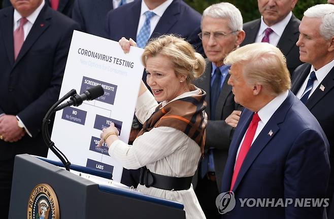 드라이브 스루 검사법 설명하는 데비 벅스 조정관 [로이터=연합뉴스]