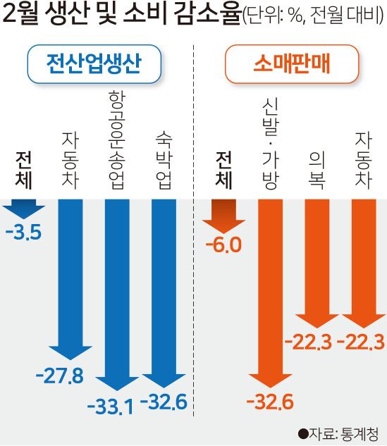 [저작권 한국일보] 2월 생산 및 소비 감소율. 그래픽=김문중 기자