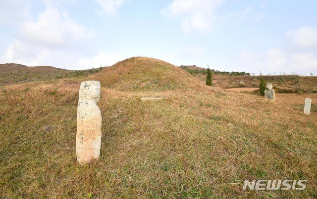 [서울=뉴시스] 2019년 촬영된 개성시 고남리에 있는 고려 20대 신종(神宗)의 무덤인 양릉(陽陵)의 서쪽 측면 전경. 2개의 문인석만 남아 있는 것이 확인된다. (사진=평화경제연구소 제공) 2020.04.04. photo@newsis.com