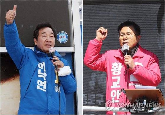 서울 종로에 출마한 이낙연 민주당 후보(왼쪽)와 황교안 통합당 후보가 각각 9일 종로구 창신동과 교남동에서 지지를 호소하고 있다. [연합뉴스]