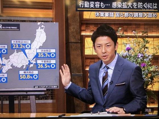 일본 민영방송 TV아사히의 메인뉴스 '보도스테이션'의 남성 앵커인 도미카와 유타가 지난 9일 뉴스를 진행하는 모습. [TV아사히 화면 캡처]