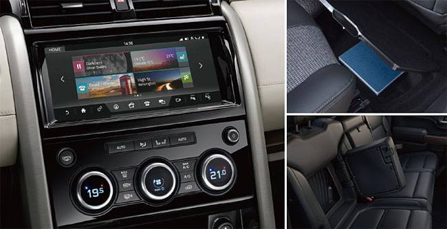 (왼쪽부터 시계방향) 랜드로버 디스커버리는 센터패시아에 수납 공간이 있다. 푸조는 뒷좌석 매트 아래에 공간이 있다. 뒷좌석 등받이에 공간을 숨겨놓은 GMC시에라. 사진 랜드로버 ·푸조·GMC