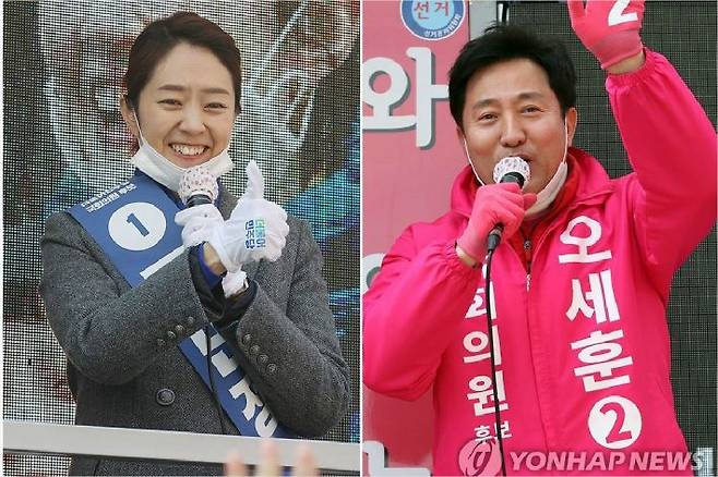 제21대 총선 서울 광진을에 출마한 더불어민주당 고민정 후보(왼쪽)와 미래통합당 오세훈 후보가 각각 9일 광진구 구의동 일대에서 지지를 호소하고 있다. (사진=연합뉴스)