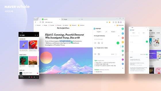 네이버 웨일브라우저 사이드바 기능. 스마트폰 화면 크기로 웹페이지를 연다.[사진 네이버]