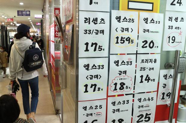 코로나19와 정부의 대출 규제 등으로 강남 아파트 값이 하락세를 지속한 지난 17일 서울 송파구 아파트 부동산에 급매물 안내가 붙어 있다. [사진=연합뉴스]
