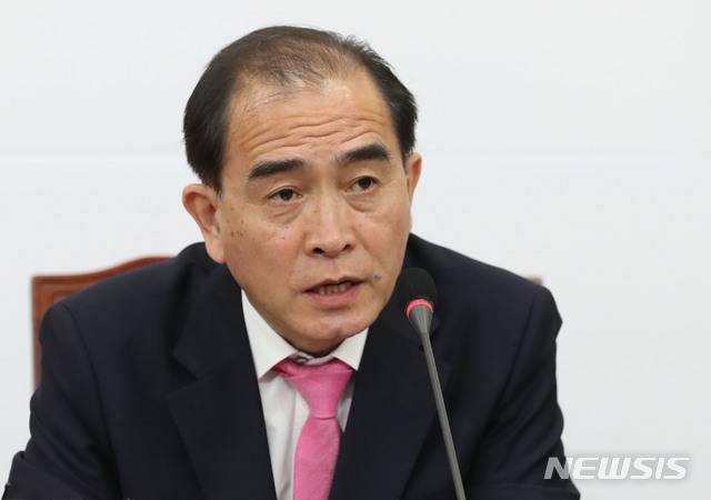 [서울=뉴시스] 김진아 기자 = 제21대 국회의원선거 서울 강남구갑 태구민(태영호) 후보가 15일 오전 서울 여의도 국회에서 열린 미래통합당·미래한국당 안보연석회의에서 발언하고 있다. 2020.04.15.  bluesoda@newsis.com