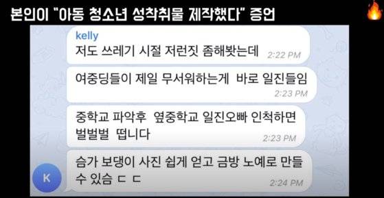 추적단불꽃이 공개한 n번방 공범자 켈리의 텔레그램 대화록. [추적단불꽃 유튜브 캡처]
