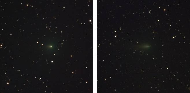 3월 30일 관측된 아틀라스 혜성은 상대적으로 밝기가 밝았지만, 4월 17일 관측된 아틀라스 혜성은 어두워졌다. 천문연 제공.