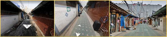 익선동 한옥마을 일대 2012년(왼쪽), 2016년(중간), 2020년 (오른쪽) 모습 [네이버 지도와 다음 카카오맵 활용]