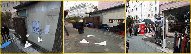 익선동 한옥마을 일대 2012년(왼쪽), 2016년(중간), 2020년 (오른쪽) 모습 [네이버 지도와 다음 카카오맵 활용]