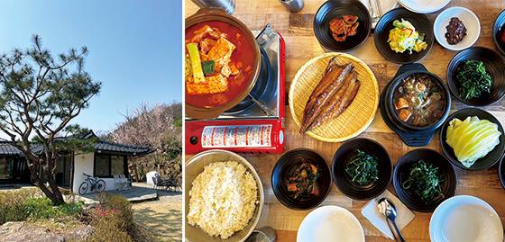 한옥과 소나무가 잘 어울리는 모밥 전경, 두부찌개와 강된장 찌개 정식 한상