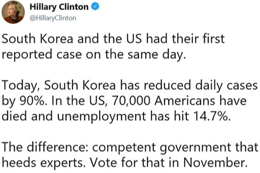 한국 문재인정부의 코로나19 대응을 칭찬한 힐러리 클린턴 전 미국 국무장관의 트윗. 트위터 캡처