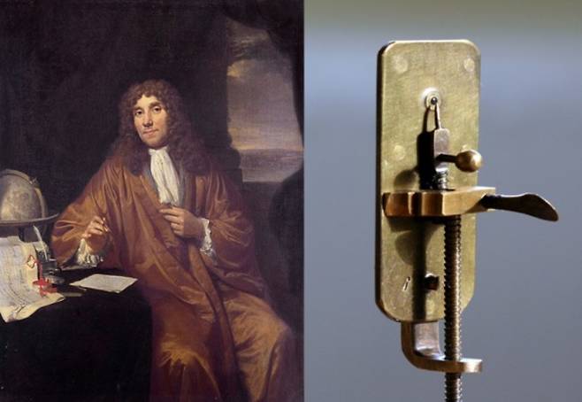 안톤 판 레이우엔훅 (1632~1723)은 자시의 정액을 직접 현미경으로 관찰한 것을 유명하다. 왼쪽은 그가 만든 현미경. 위키피디아 제공