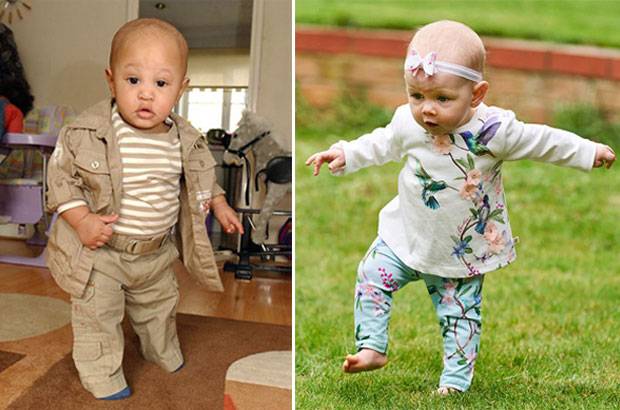 2010년 케임브리지에서 태어난 남자 아기 자비에 킹(왼쪽)은 태어난 지 3개월 만에 홀로 몸을 지탱하고 앉더니 6개월에는 첫걸음마를 뗐다. 기어 다니는 단계는 건너뛰었다. 지난해 5월 영국의 다른 여자 아기 프레야 민터(오른쪽) 역시 생후 6개월 만에 걸음마를 시작했다.