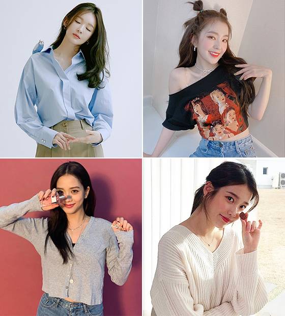 (왼쪽부터 시계 방향으로)데콜테 라인을 드러낸 그룹 다비치 강민경, 레드벨벳 아이린, 가수 아이유, 블랙핑크 지수/사진=각 스타 인스타그램