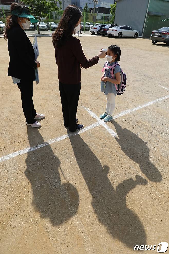 지난 27일 오전 대구 수성구 범어동 대구동도초등학교 운동장에서 신종 코로나바이러스 감염증(코로나19) 확산 여파로 온라인 입학 후 87일만에 처음으로 등교한 1학년 신입생들이 발열 검사를 받고 있다. 2020.5.27/뉴스1 © News1 공정식 기자