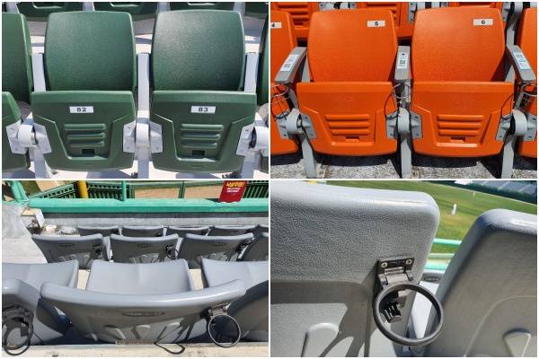 [OSEN=한용섭 기자] 잠실구장 새 외야석(위 사진 왼쪽)과 기존 내야 지정석(위 사진 오른쪽), 인천 SK행복드림구장의 외야석 컵홀더(아래 사진) /orange@co.kr