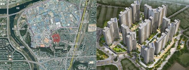 사진 왼쪽부터 대화동2구역 재개발정비사업 사업시행계획 인가 위치도, 조감도.