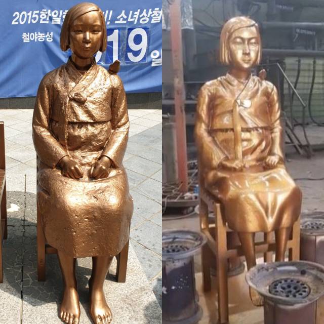 김운성 작가가 제작한 원작 ‘평화의 소녀상(왼쪽)’과 저작권 침해 논란이 인 ‘태백 평화의 소녀상’