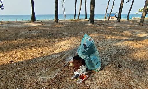 지난 8일 강원도 강릉시 주문진해수욕장 향호해변 'BTS버스정류장' 인근 소나무 숲 곳곳에는 고기를 구워 먹은 듯 검게 그을린 석쇠가 버려져 있다.