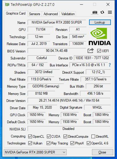 컬러풀 아이게임 지포스 RTX 2080 슈퍼 벌칸 X의 주요 사양.