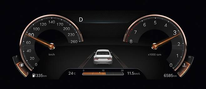 제네시스 G80 계기판의 속도계와 태코미터. 중앙 아래는 연비 정보. 제네시스 제공