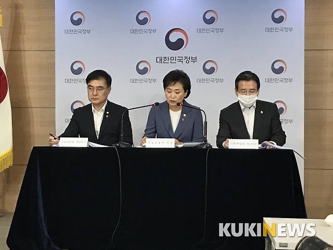 김현미 국토교통부 장관이 17일 정부서울청사 브리핑실에서 손병두 금융위원회 부위원장(왼쪽), 김용범 기획재정부 1차관과 함께 주택시장 안정을 위한 관리방안을 발표하고 있다. 사진=안세진 기자