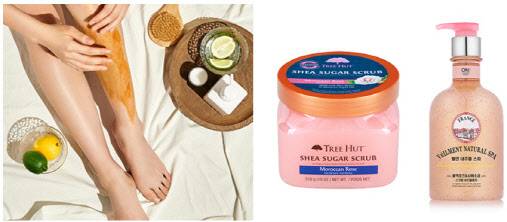 올리브영에서 판매중인 ‘플루 바디 스크럽’을 사용하고 있는 모습(왼쪽), 올리브영의 주요 인기 상품인 ‘트리헛 시어 슈가 스크럽 모로칸 로즈’와 ‘온더바디 스파 블랙로즈&사해소금 스크럽 워시’. (사진=올리브영)