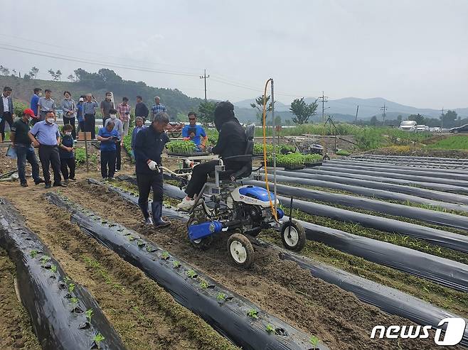 청양군농업기술센터는 지난 17일 목면 본의리 윤상돈(43) 농가 참깨 재배포장(1672㎡)에서 정식기계 첫 시연회를 가졌다© 뉴스1