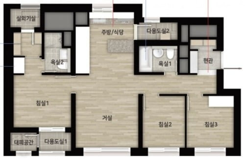'힐스테이트 의정부역'의 전용 84㎡ 평면도. 전면에 방 3개와 거실이 있는 4베이 구조인데다 맞통풍이 가능한 설계가 도입됐다. 현관에는 창고과 안방에 드레스룸까지 아파트와 유사한 설계로 나왔다. (자료 현대건설 홈페이지)