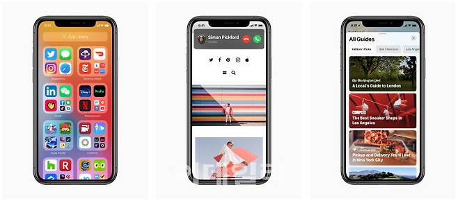 iOS14가 적용된 아이폰 화면. 왼쪽부터 앱라이브러리, 다른 작업 중 전화 수신 알림, 올 가이드. (사진= 애플)