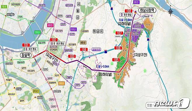 하남~송파 간 도시철도 (지상+지하)트램 노선도(3안). 국토부 제공. /뉴스1